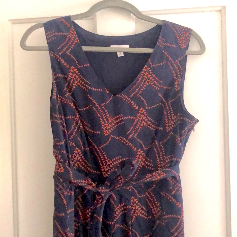 LL Bean signature poplin dress, blue with abstract orange bird pattern, 10